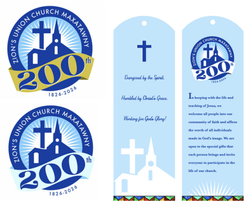 Zion's Union Church Maxatawny 200th anniversary logos and commemorative bookmarks featuring blue church silhouette design